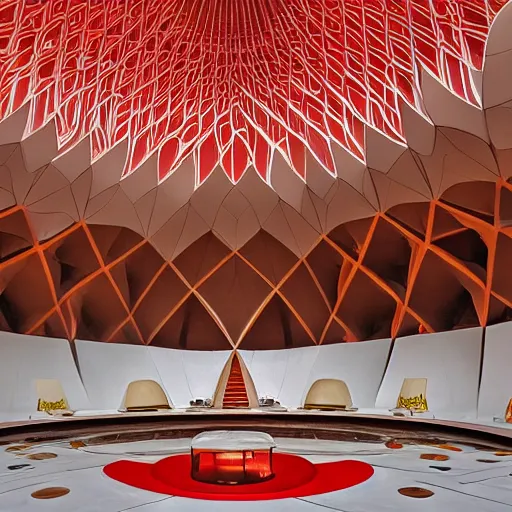 Image similar to interior of a futuristic lotus temple with gold, red and white marble panels, in the desert, by buckminster fuller and syd mead, intricate contemporary architecture, photo journalism, photography, cinematic, national geographic photoshoot