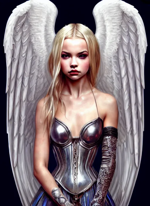 Image similar to ultra realistic illustration, a stunningly beautiful angel knight gothic girl played by jordyn jones and dove cameron and margot robbie and taylor swift and megan fox, intricate, elegant, highly detailed, digital painting, artstation, concept art, smooth, sharp focus, illustration, art by artgerm and greg rutkowski and alphonse mucha