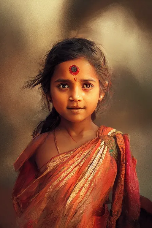 Image similar to hindu little girl, joyful, close - up portrait, intricate, elegant, volumetric lighting, scenery, digital painting, highly detailed, artstation, sharp focus, illustration, concept art, ruan jia, steve mccurry