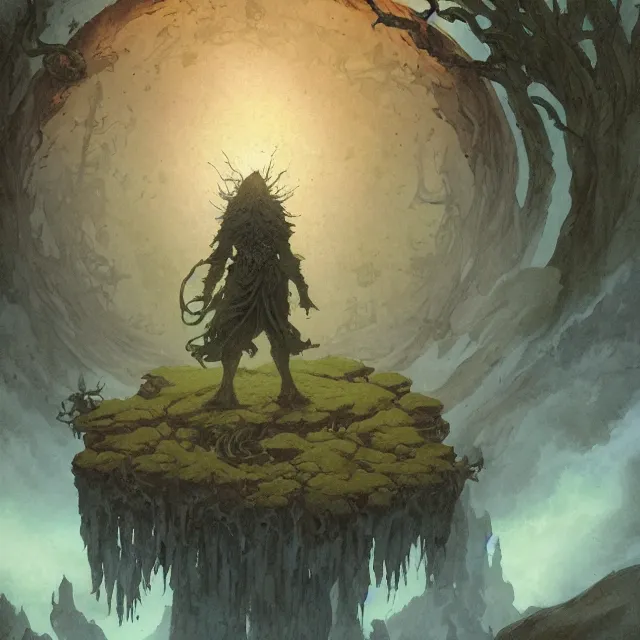 Image similar to a druid standing in a circle at the beginning of the world by alan lee and peter mohrbacher and mike mignola