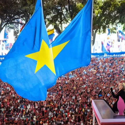 Image similar to Lady Gaga as president, Argentina presidential rally, Argentine flags behind, bokeh, giving a speech, detailed face, Argentina