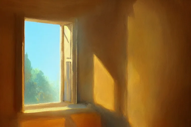 Prompt: rays of the morning sun shining through the window of the village house. very beautiful, clear sky, warm shiny colors, oil painting, high detail, trending on artstation