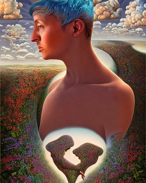 Image similar to non - binary gender dysphoria theme surrealist art in the styles of igor morski, jim warren, and rob gonsalves, intricate, hyperrealistic, volumetric lighting