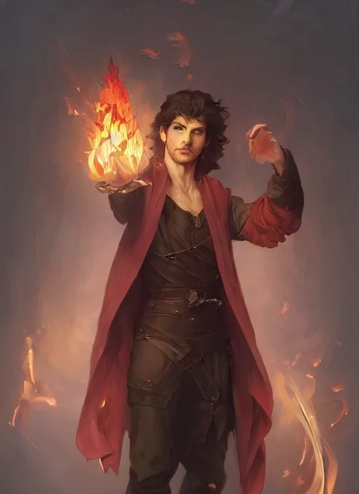 Image similar to character concept portrait of an attractive young focused Spanish wizard with pale red enchanting a flaming fire spell, a floating burning spell book in the center, intricate, elegant, digital painting, concept art, smooth, sharp focus, illustration, from Metal Gear, by Ruan Jia and Mandy Jurgens and William-Adolphe Bouguereau, Artgerm