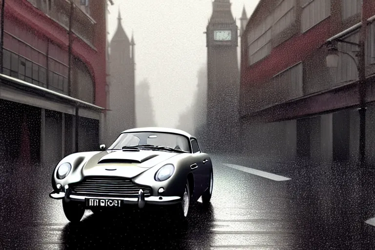 Image similar to a wholesome animation key shot of one focused aston martin db 5, dynamic, on a wet london street, raining, wide shot, studio ghibli, pixar and disney animation, sharp, very detailed, high resolution, rendered in unreal engine 5, anime key art by greg rutkowski, overcast lighting, dark