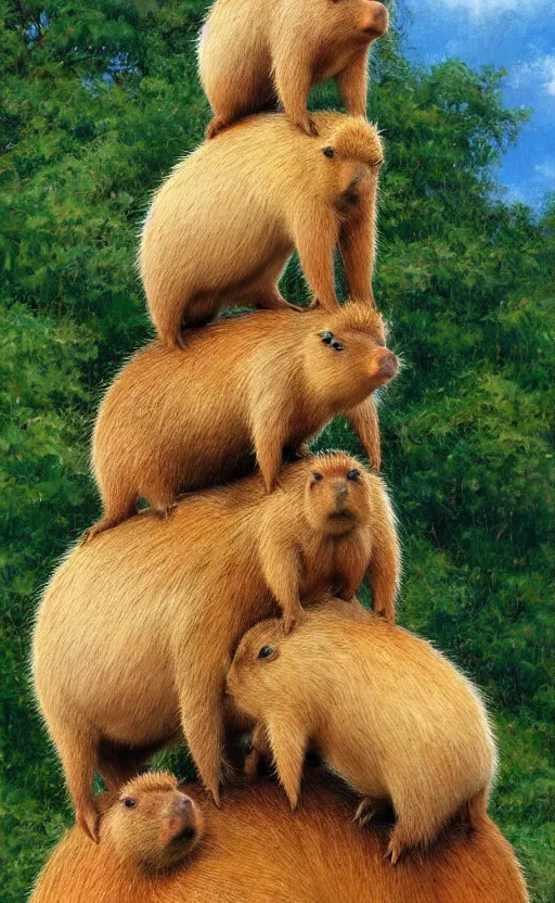 Prompt: A precarious tower of capybaras, standing on top of eachother. Stacked capybaras. by Ralph Horsley