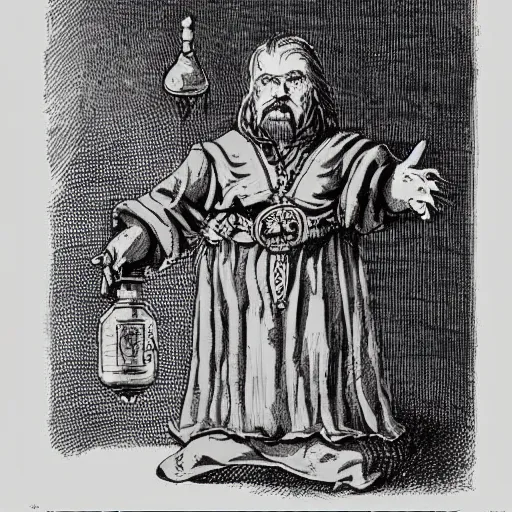 Image similar to a 17th-century alchemist who has 2 bubbling potion bottles in the style of Warhammer fantasy :: black and white, head and torso drawing, very high quality, concept art