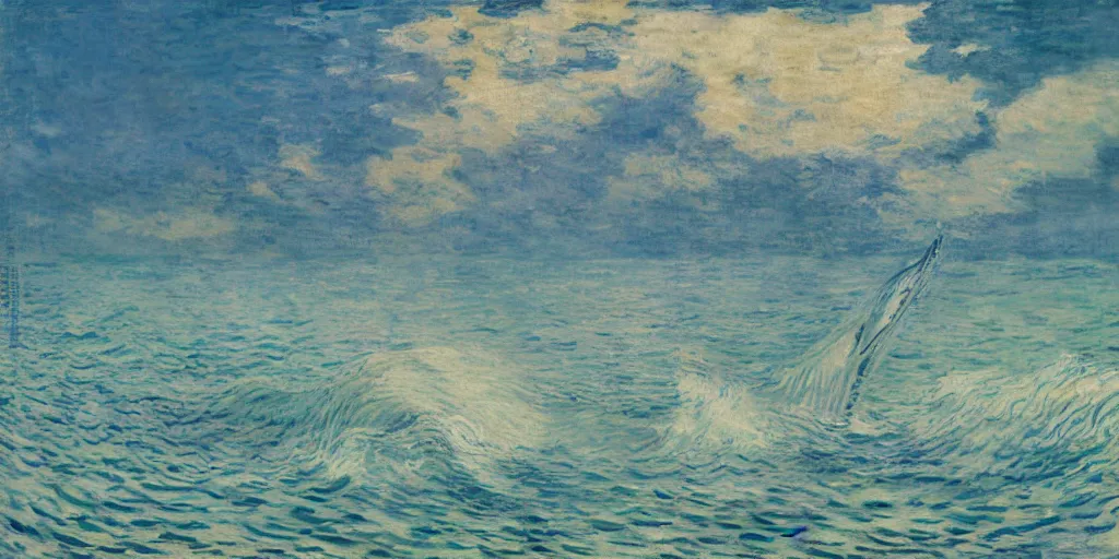 Prompt: An aesthetically pleasing, dynamic, energetic, lively, well-designed digital art of a whale, ripples, waves, sea foam, light and shadow, ocean caustics, aizome patterns, shin-hanga by Claude Monet, traditional Japanese colors, superior quality, masterpiece, excellent use of negative space.