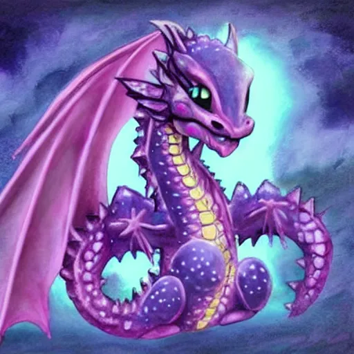 Image similar to adorable baby dragon, the dragon is purple and glittery, fantasy concept art, pastels, ethereal fairytale, watercolor kawaii