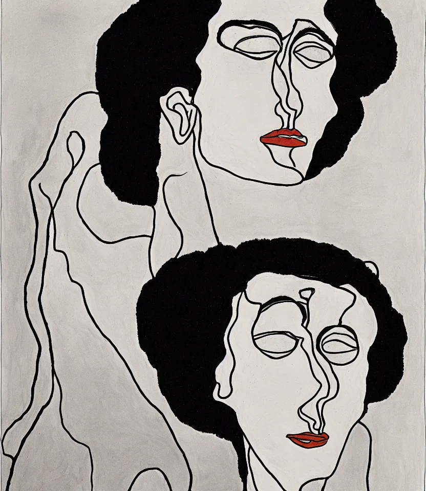 Image similar to detailed line art portrait of georgia o'keeffe, inspired by egon schiele. caricatural, minimalist, bold contour lines, musicality, soft twirls curls and curves, confident personality, raw emotion