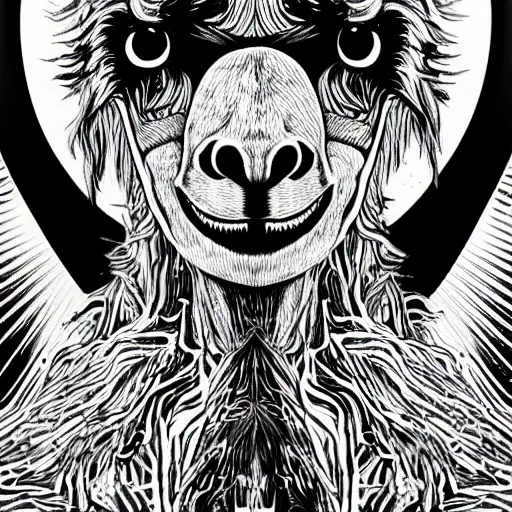 Image similar to black and white trippy comic art of a llama, lots of particles, drawn by Martin Rowson, Tim Burton, Studio Ghibli, Alex Pardee, Nekro Petros Afshar, James McDermott, cgsociety, sharp edges, high constrast, 4K