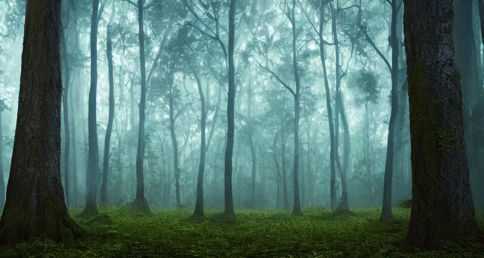 Image similar to a magical forest, thick fog, fireflies flying, big trees, epic lighting, cinematic 4K