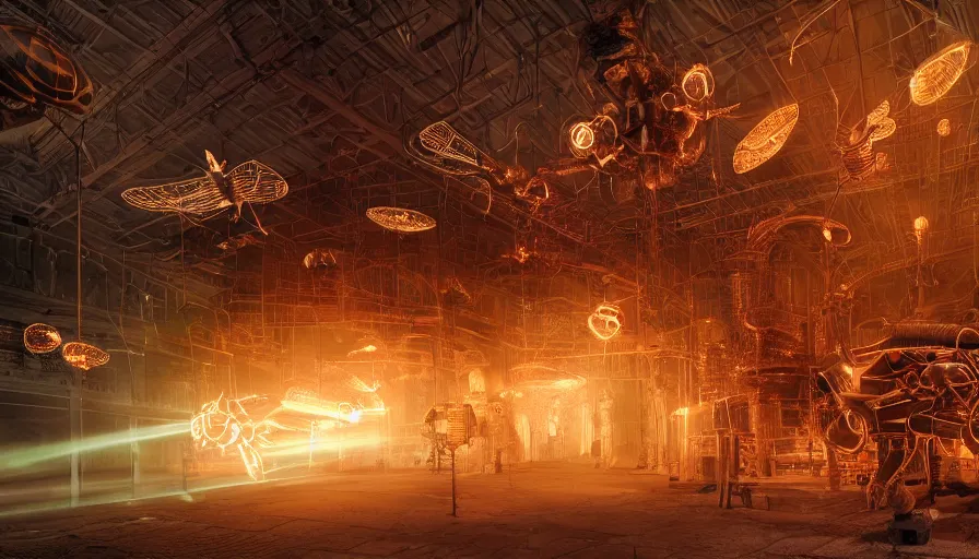 Prompt: Huge glowing electrical Steampunk insects in a victorian museum, james gurney, cinematic lighting, lots of steam and sparks, wires made of copper, artstation, vibrant nature, Tuomas Korpi, tekkon kinreet, volumetric light, artstation, , octane render, redshift render, low angle camera, rich deep moody colors