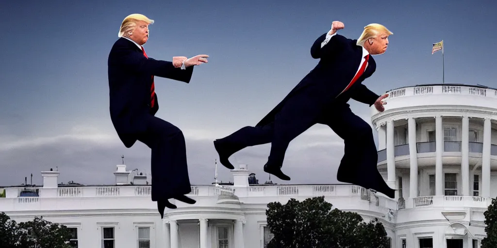Prompt: a professional cinematic photo of donald trump fighting lord voldemort on top of white house. extremely high fidelity.