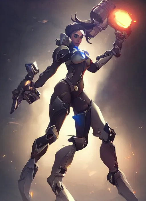 Image similar to poster!! beautiful new female character for overwatch, character concept art, action pose, illustration, full body armor, steel plating, huge weapon, super powers, athletic, long red hair, symmetry, intricate design, shiny, highly detailed, hd, dramatic lighting, art by artgerm and greg rutkowski