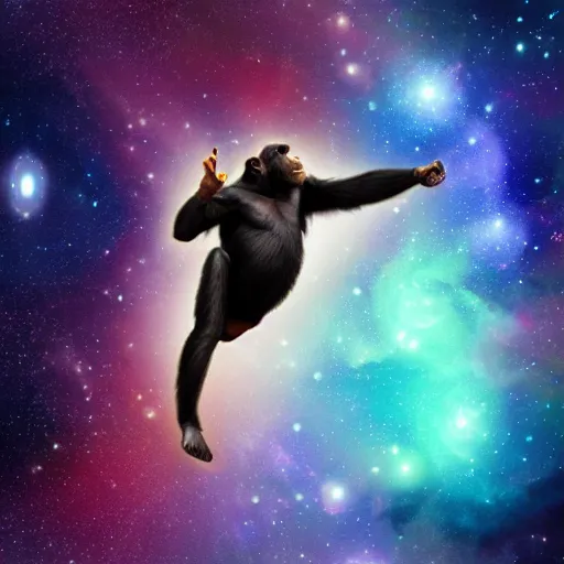 Prompt: A chimpanzee floating through outer-space, reaching out and touching a nebula with its finger, digital art, 8k