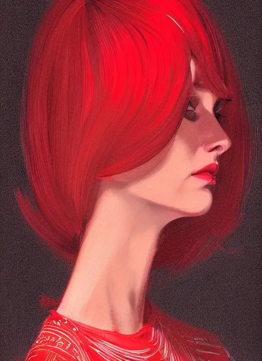 Image similar to portrait of a woman with a crooked nose and a severe expression, 1 9 6 0 s, long hair, red clothes, bangs, intricate, elegant, glowing lights, highly detailed, digital painting, artstation, concept art, smooth, sharp focus, illustration, art by wlop, mars ravelo and greg rutkowski
