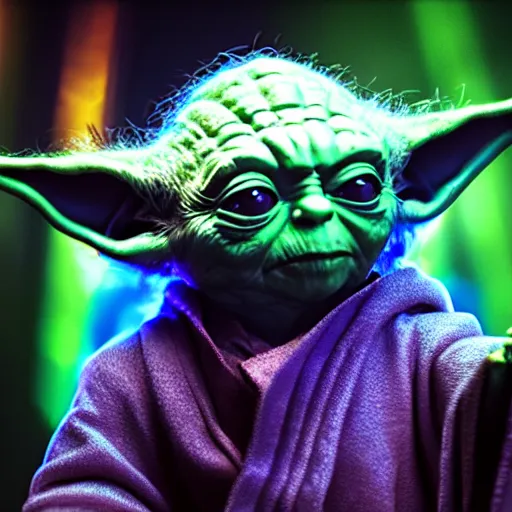 Prompt: Yoda at a rave, highly detailed, high quality, HD, 4k, 8k, Canon 300mm, professional photographer, 40mp, lifelike, top-rated, award winning, realistic, sharp, no blur, edited, corrected, trending