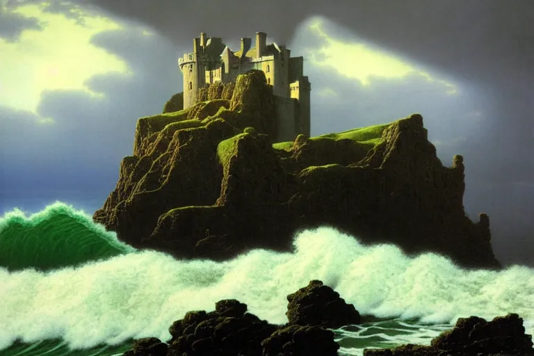 Image similar to a landscape of an irish castle on a seaside cliff, dark clouds, waves crashing, fantasy painting by michael whelan and maxfield parrish, 4 k, hd, award winning, intricate details