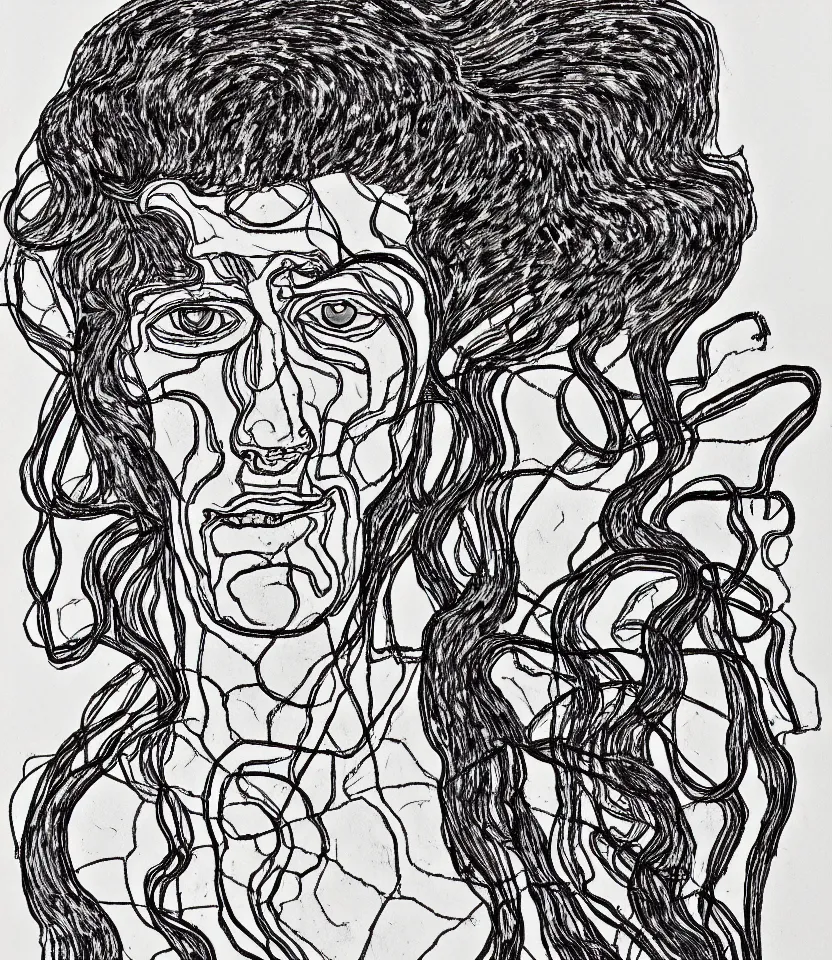 Prompt: detailed line art portrait of crazy horse, inspired by egon schiele. caricatural, minimalist, bold contour lines, musicality, soft twirls curls and curves, confident personality, raw emotion