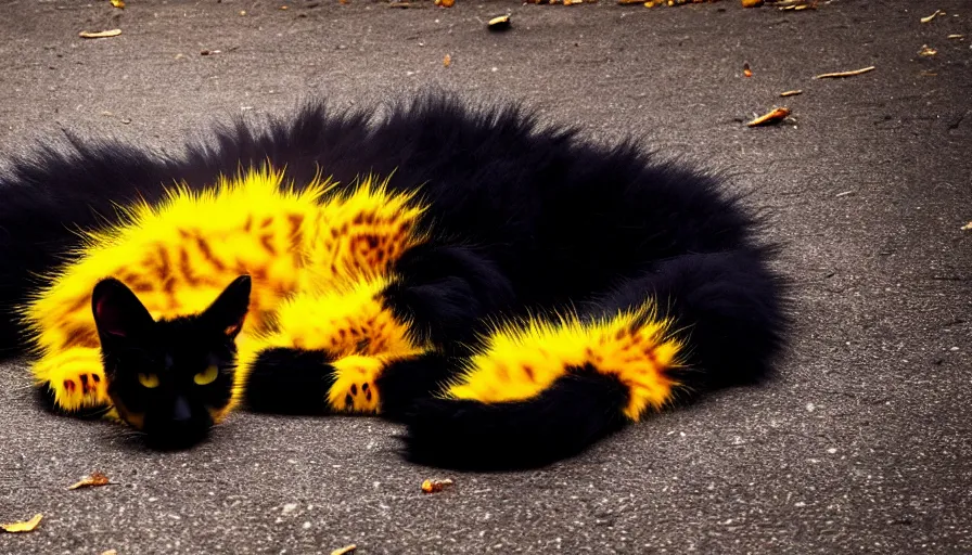 Image similar to big cat, black, fiery yellow eyes, flaming ears, paws, tail