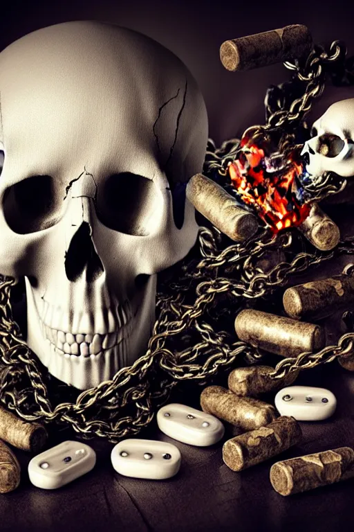 Image similar to beutifull and very tired womanlooking pile Off pills, drugs, cigarrette boxes and a skull on a wooden table, skull made out of smoke coming out of pills, fantasy, intricate, elegant, highly detailed, digital painting, artstation, concept art, addiction, chains, smooth, sharp focus, illustration, art by Ilja Repin