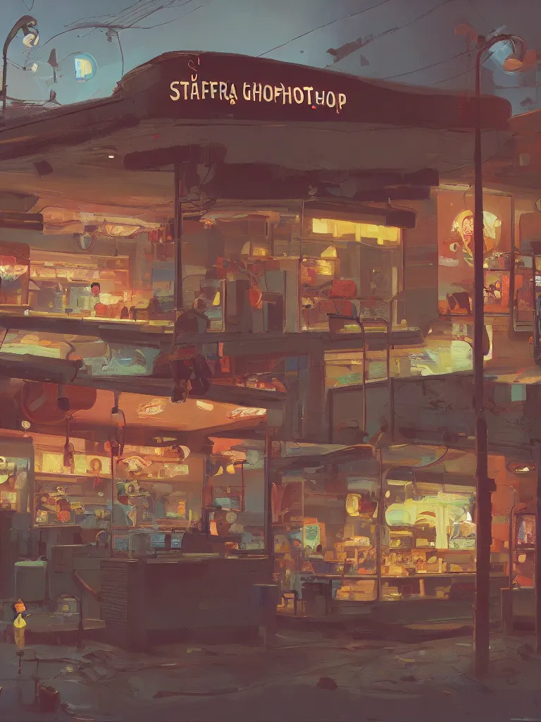 Image similar to a little donutshop in a painting from stalenhag, 4 k, 8 k, hdr, artstation, concept art