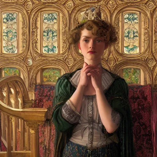 Image similar to a very detailed portrait painting of Vesper Lynd, a very detailed french room, a very detailed dramatic rainy sky, light particles, environment drawn by Donato Giancola and Tom Bagshaw, Edmund Leighton, character design by Alphonse Mucha, 4k, volumetric lighting, french nouveau, komorebi, award winning, octane render, hyperrealistic