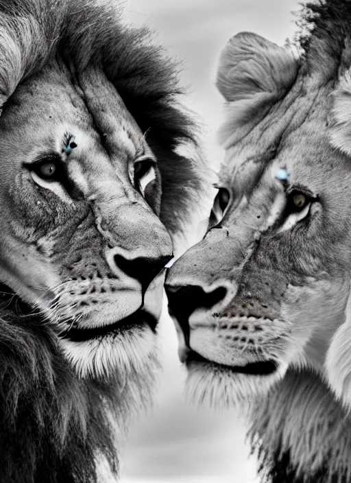 Image similar to lion and lioness black and white portrait white sky in background