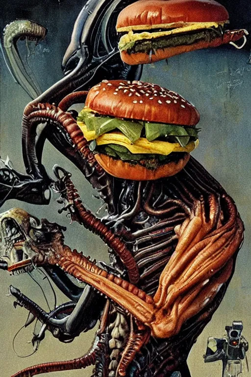 Prompt: alien xenomorph eating a cheeseburger, painted by norman rockwell