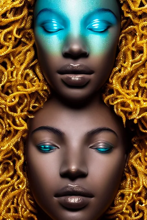 Image similar to hyperrealistic wide shot of very expressive! translucent!! african goddess, cinematic underwater scene with fish and algae, gold jewerly, highly detailed face, digital art masterpiece, eric zener cam de leon, dramatic pearlescent turquoise light on one side, low angle uhd 8 k, shallow depth of field