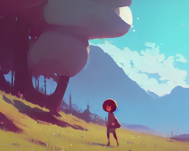 Prompt: a dreamy explorer wandering new friendly lands on a bright sunny day by atey ghailan