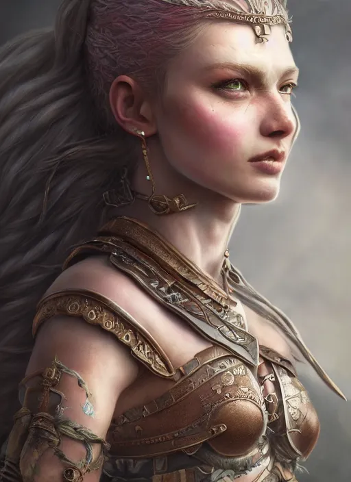 Prompt: detailed realistic character concept illustration pastel painting of a warrior princess in detailed clothing, insanely detailed and intricate, octane render, sss, postprocessing