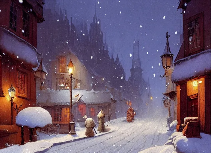 Image similar to a night scene of a snowy street, a detailed painting by anton pieck and gil elvgren, deviantart contest winner, fantasy art, concept art, official art