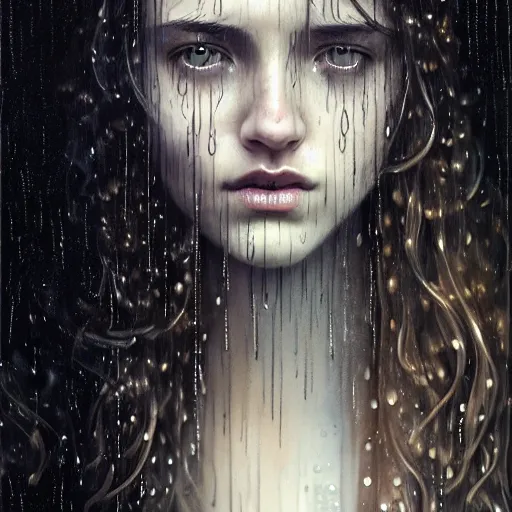 Image similar to portrait of a girl in the rain with wet hair and face, fantasy, intricate, elegant, dramatic lighting, emotionally evoking symbolic metaphor, highly detailed, lifelike, photorealistic, digital painting, artstation, concept art, smooth, sharp focus, illustration, art by John Collier and Albert Aublet and Krenz Cushart and Artem Demura and Alphonse Mucha