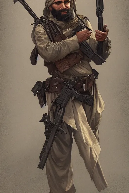 Image similar to male cottagecore taliban leader holding a kalashnikov rifle. intricate, elegant. highly detailed, digital painting, artstation, concept art, smooth, sharp, focus, illustration.. art by artgerm and greg rutkowski and alphonse mucha