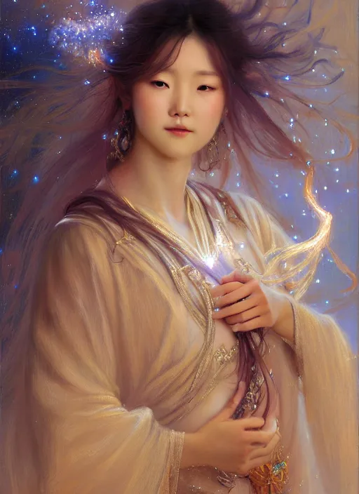 Image similar to young korean woman, goddess of starlight, long flowing hair, modest flowing gown, smug expression, highly detailed painting by gaston bussiere, craig mullins, j. c. leyendecker 8 k, sparkling nebula