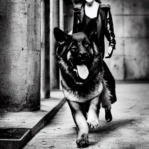 Image similar to fashion photography of a model with the head of a german shepherd, wearing futuristic hip - hop fashion, inside berghain, futuristic fashion, photo 3 5 mm leica, hyperdetail, 8 k, very detailed, black and white