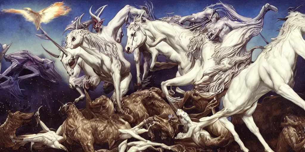 Prompt: the sacrifice of the white unicorn, fighting, struggling by gerald brom