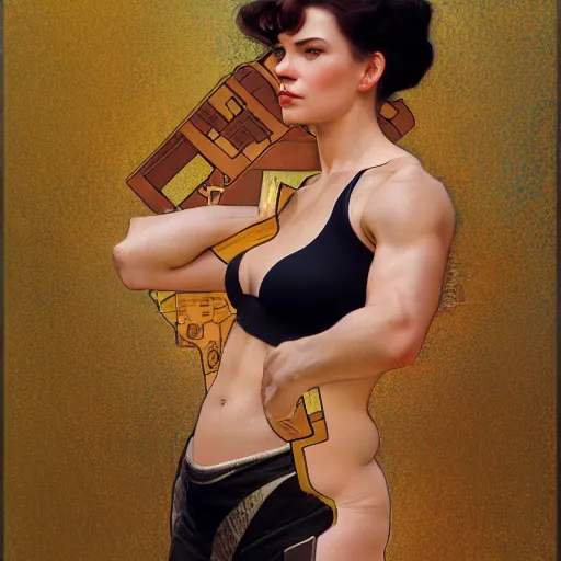 Prompt: modern woman | muscular | hyperrealistic | action pose | digital painting | trending on artstation | pinup portrait | clean | illustration | dressed | unreal engine 5 | 8 k resolution | by greg rutkowski alphonse mucha gustav klimt and mel ramos