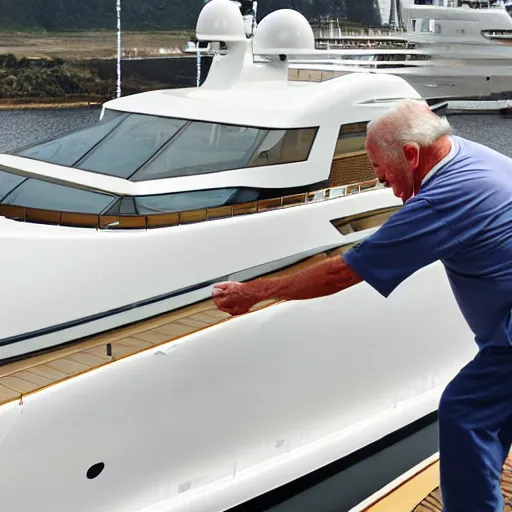 Prompt: wrinkled hunchbacked old man polishing the side of a gold plated mega yacht