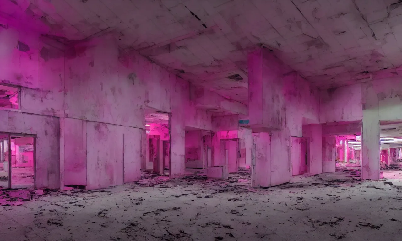 Image similar to backrooms abandoned mall, ominous neon pink and purple vaporwave lighting, moldy walls and shallow water, shadowy tall figures in the distance, bright smile in a dark spot