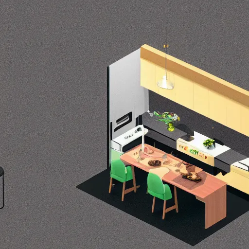 Image similar to isometric minimalistic chubby kitchen, 3 d illustration, 1 0 0 mm, depth of field, octane render, studio lighting