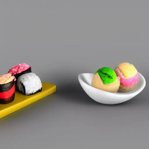 Image similar to ice cream made of sushi, 8 k, hyper realism, octane render