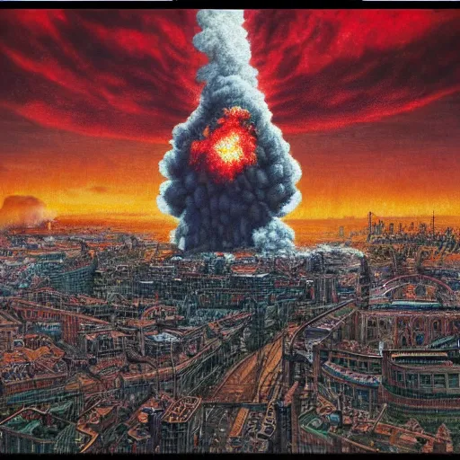 Prompt: nuclear bomb exploding in the center of a city, detailed 1 9 2 0 ’ s colored pencil, highly detailed, highly accurate, deep aesthetic, 8 k, highly ornate intricate details, cinematic lighting, rich colors, ray tracing, hyperrealistic, photorealistic, cinematic landscape, trending on artstation,