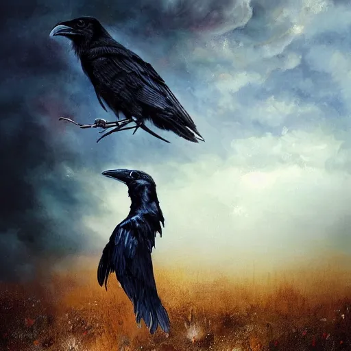 Image similar to morning, raven bird perching on the shoulder of a woman in a black dress. sun, cinematic, clouds, vogue cover style, copper and deep blue mood, realistic painting, intricate oil painting, high detail, figurative art, multiple exposure, poster art, 3 d, by simon bisley, ismail inceoglu, wadim kashin, filip hodas.