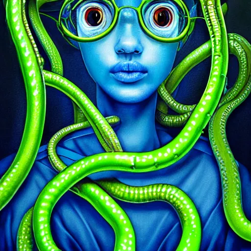 Prompt: 3 d, close - up, fashion model in a blue factory worker's overalls face looking down at the floor eyes sad tentacles instead of hands, green snakes background, soft light, smooth face feature, intricate oil painting, high detail illustration, sharp high detail, poster art, paper texture