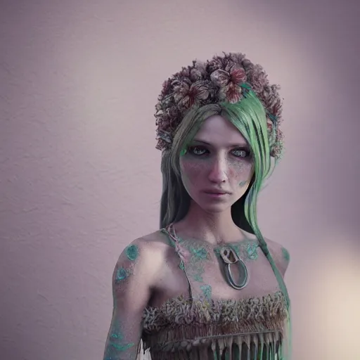 Prompt: cthulhy woman, clothes made out of flower, bedroom, ultra realistic, concept art, intricate details, highly detailed, photorealistic, octane render, 8 k