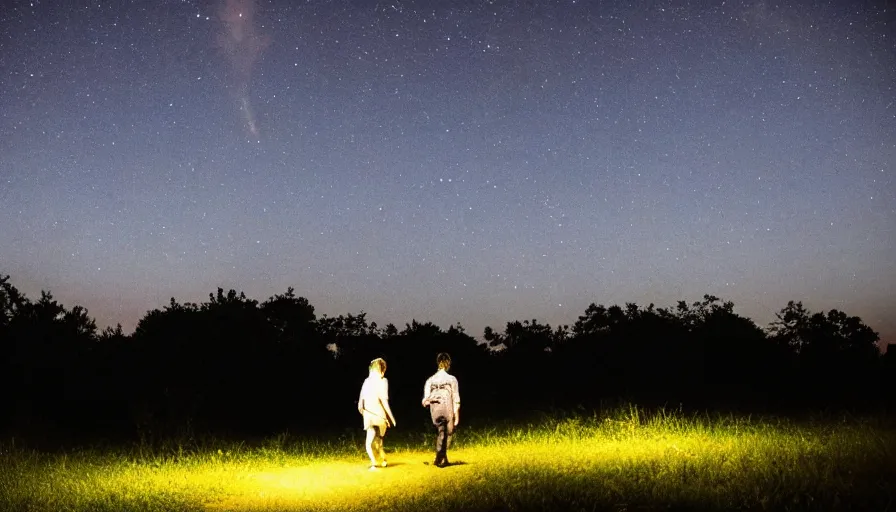 Image similar to a couple walking in the middle of fireflies the color of the moon, cinematic lighting, wow, establishing shot