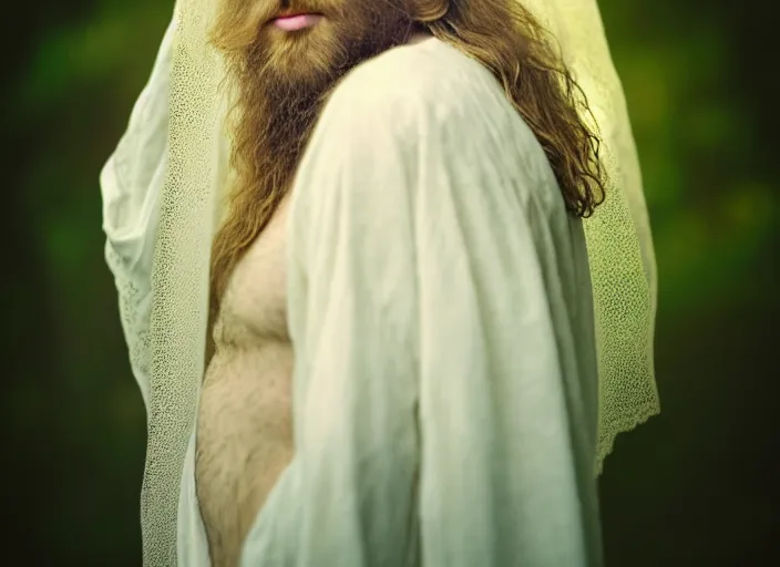 Prompt: portrait photography of a beautiful man how pre-Raphaelites beauty type in style of Nicolas False, britt marling style 3/4 , he has a short beard, golden blond hair, beautiful ethereal lace white robes, 8K, soft light, volumetric lighting, highly detailed Realistic, Refined, Highly Detailed, natural outdoor soft pastel lighting colors scheme, outdoor fine art photography